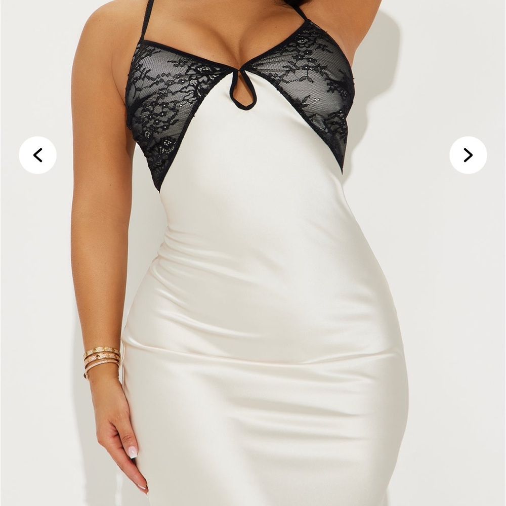 SOLD - Fashion Nova Seleste Satin Maxi Dress Ivory/Black Lace